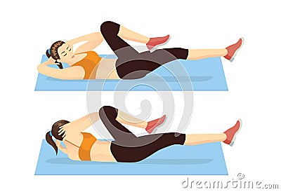 Woman doing abdominal workout with Bicycle crunch for exercise guide. Vector Illustration