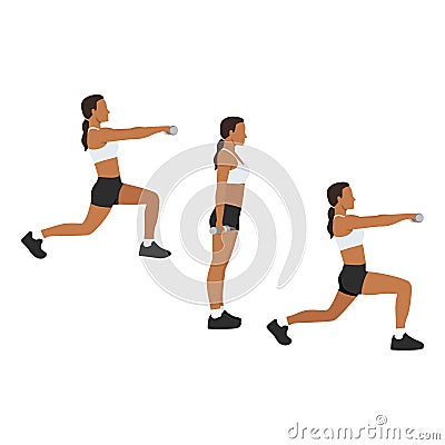 Woman doing Alternating lunge front raise exercise. Cartoon Illustration