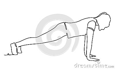 Woman doing Ashtanga Vinyasa yoga - extended four-limbed pose. Continuous line drawing. Isolated on the white background Vector Illustration