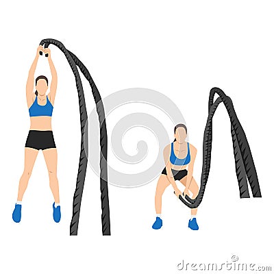 Woman doing battle rope double arm slams exercise Vector Illustration