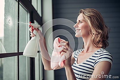 Woman doing cleaning at home Stock Photo