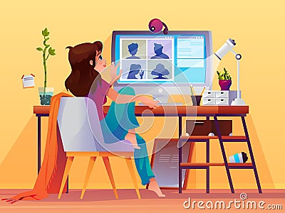 Woman doing conference video call. Online chat Vector Illustration