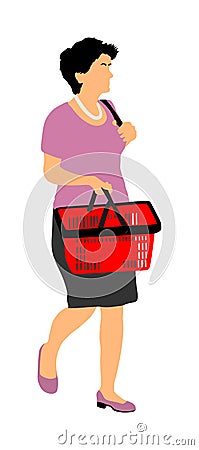 Woman doing everyday grocery shopping with shopping basket at supermarket, vector. Vector Illustration
