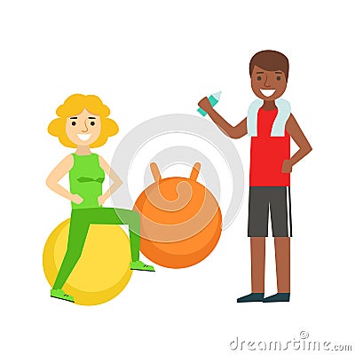Woman Doing Exercise On Ball WIth Help Of Personal Trainer, Member Of The Fitness Club Working Out And Exercising In Vector Illustration