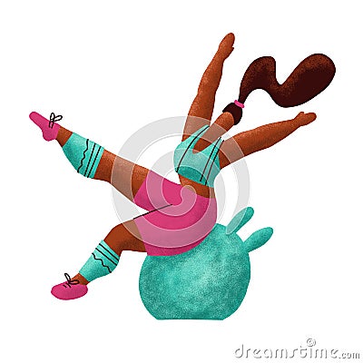 Woman doing fitness exercise. Plus size girl joyfully jumping on a fitball. Lady dressed in a sportive uniform having fun in gym Cartoon Illustration