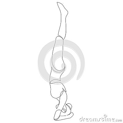 Woman doing headstand yoga pose. Continuous line drawing. Yoga pose stand on the head or Shirshasana. Vector Vector Illustration