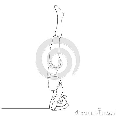 Woman doing headstand yoga pose. Continuous line drawing. Yoga pose stand on the head or Shirshasana. Vector Vector Illustration