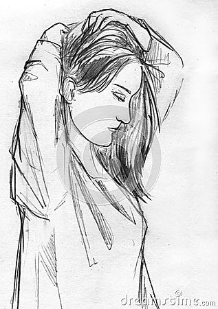 Woman doing her hair, pencil sketch Stock Photo