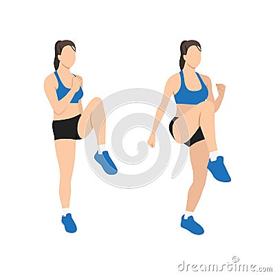 Woman doing High knees. front knee lifts. run. Cartoon Illustration