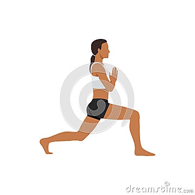 Woman doing High lunge quad stretch, Alanasan. Cartoon Illustration