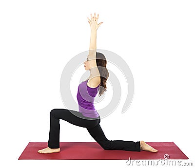 Woman doing a High Lunge Variation in Yoga Stock Photo