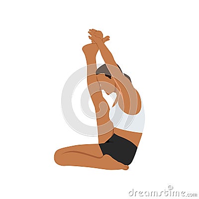 Woman doing krounchasana. Female yogi in heron pose. Intense hamstring stretch. Lady with leg up and hands holding foot. Flat Cartoon Illustration