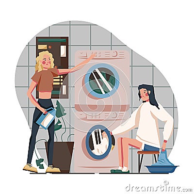 Woman sitting near dryer and put laundry inside machine. Process of loading washing machine Vector Illustration