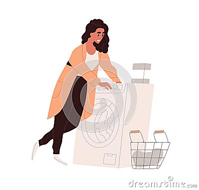 Woman doing laundry in washing machine. Person turning on washer for clothes laundering. Female and housework, lifestyle Vector Illustration