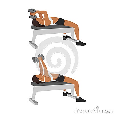 Woman doing Lying dumbbell tricep extensions exercise. Flat vector Cartoon Illustration