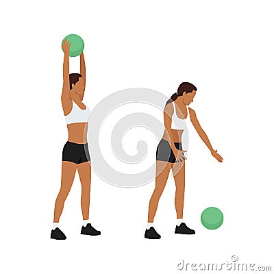 Woman doing Medicine ball slams exercise. Cartoon Illustration