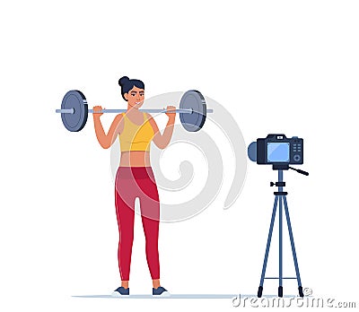 Woman doing Overhead barbell shoulder press exercise recording video with camera on tripod. Social network blogging, healthy Vector Illustration