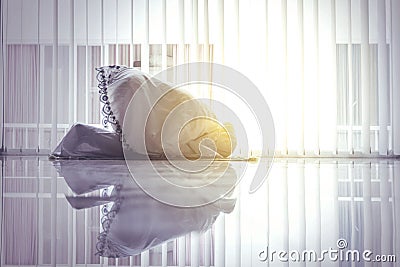 Woman doing prostration on praying mat at home Stock Photo