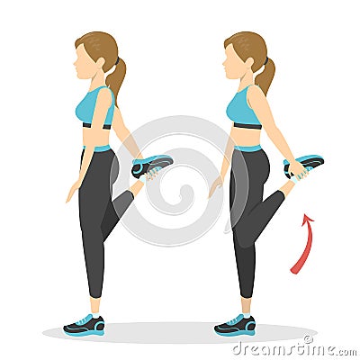 Woman doing quadriceps stretch, cool down exercise. Vector Illustration