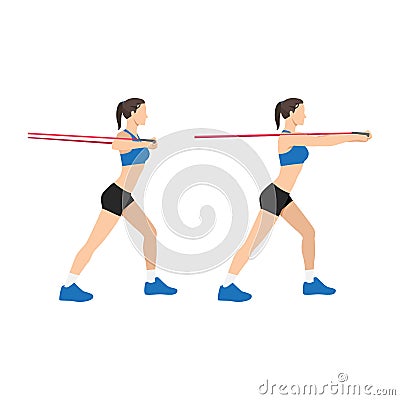 Woman doing Resistance band chest press exercise. Vector Illustration