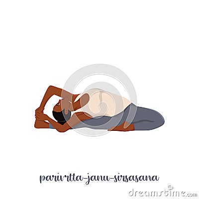 Woman doing Revolved Head to Knee Pose. Parivrtta janu sirsasana Cartoon Illustration