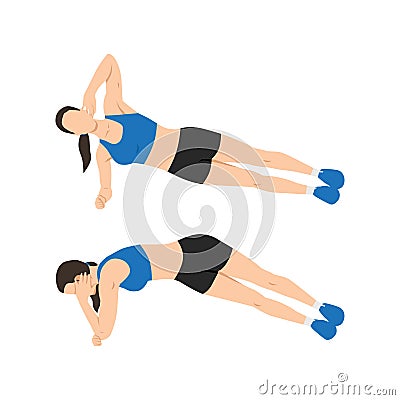 Woman doing side plank rotations or elbow twists exercise Vector Illustration