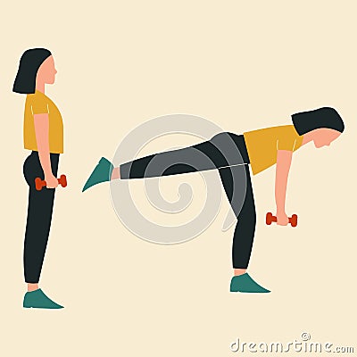 Woman doing single-leg romanian deadlifts. Illustrations of glute exercises and workouts. Flat vector illustration Vector Illustration