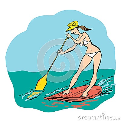 Woman doing Stand Up Paddling on Paddle Board on Water at Seaside. Vector Illustration