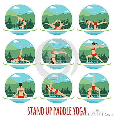 Woman doing Stand Up Paddling Yoga on Paddle Board on Water at lake Mountain landscape Stand Up Paddle Yoga Workout Vector Illustration