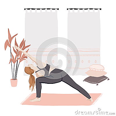 Woman doing stratching. Indoor sport class, Flexibility lesson, girl doing yoga at home during self isolation cartoon flat Vector Illustration