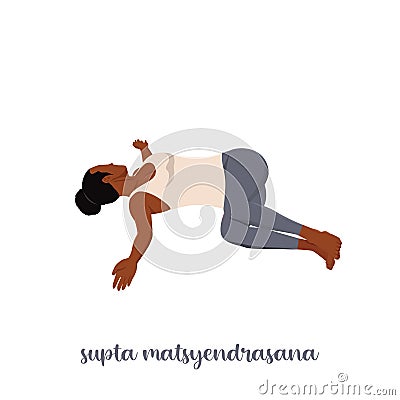 Woman doing Supta Matsyendrasana yoga pose, Reclined Spinal Twist pose Cartoon Illustration