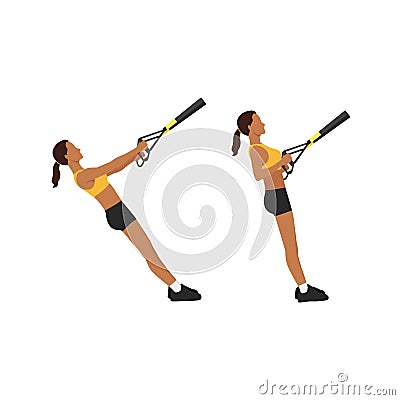 Woman doing TRX Suspension strap rows exercise. Cartoon Illustration