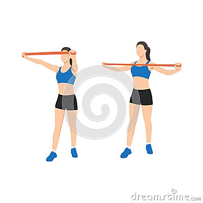 Woman doing Upper back reverse fly with long resistance band Vector Illustration