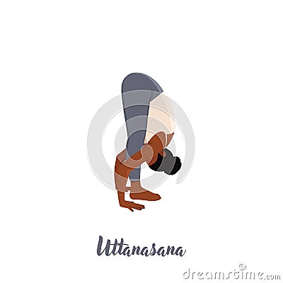 Woman doing Uttanasana. Standing forward bend. Caucausian woman performing yoga posture Cartoon Illustration