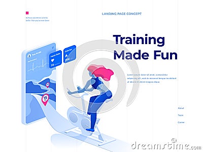 A woman doing a workout on a bike-trainer and using a mobile application to watch out her performance. Landing page concept. Vector Illustration