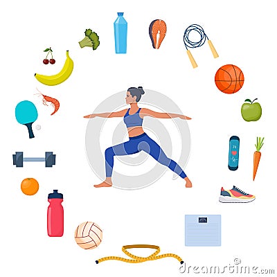 Woman doing yoga exercises. Icons of healthy food, vegetables and sports equipment for different sports around her. Healthy Vector Illustration