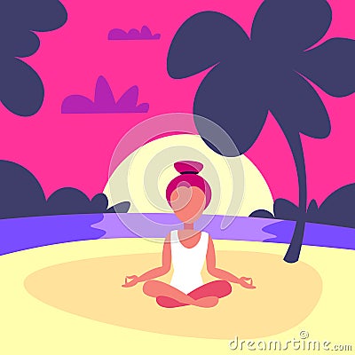 Woman doing yoga exercises lotus sunset beach background female sport activity cartoon character full length flat Vector Illustration