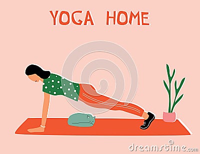 Woman doing yoga at home. Illustration with pose Plank, Chaturanga Dandasana, Four-Limbed Staff Pose Vector Illustration