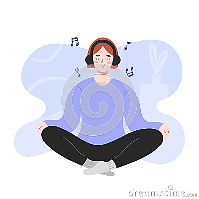 Woman doing yoga, listening to music at home, female character in wireless headphones in lotus position, calm peaceful Vector Illustration