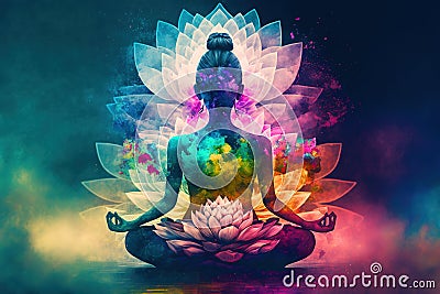 Woman Doing Yoga With Lotus Flowers And Chakra Gradient Colors - Spiritual Contemplation Stock Photo