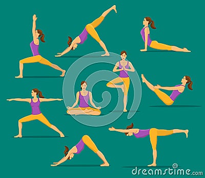 Woman Doing Yoga. Yoga Asanas Set Vector Illustration