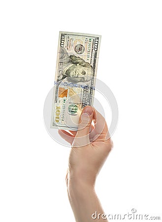 Woman with dollar banknote on white, closeup. Money and finance Stock Photo