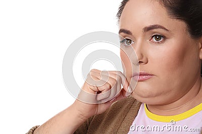 Woman with double chin on white Stock Photo