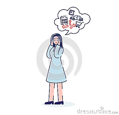 Woman in doubt pondering of financial investment or problems holding head with closed eyes Vector Illustration