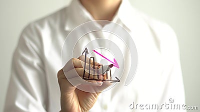 Woman drawing decrease diagram with red down arrow on transparent screen. Stock Photo