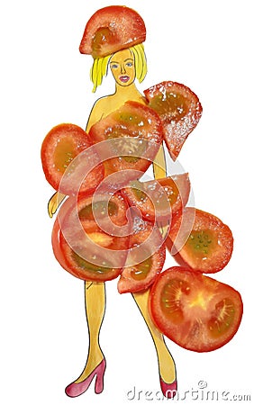 Woman drawing and dress made of red tomato slices. Tasty life. Vegetable clothes Vector Illustration