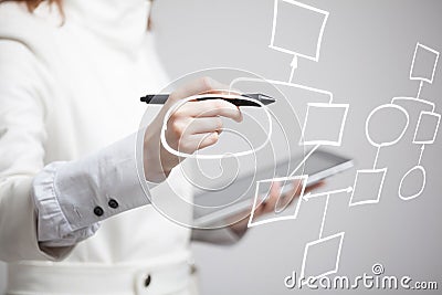 Woman drawing flowchart, business process concept Stock Photo