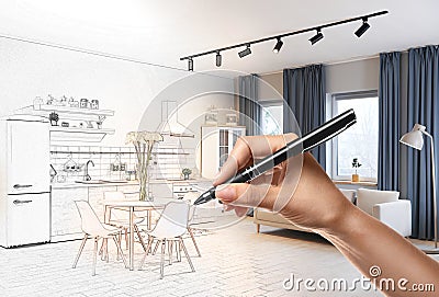 Woman drawing kitchen interior, closeup. Combination of photo and sketch Stock Photo