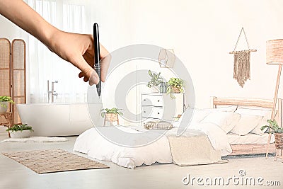 Woman drawing sketch of stylish apartment interior with bathtub and bed, closeup. Combination of photo and sketch Stock Photo