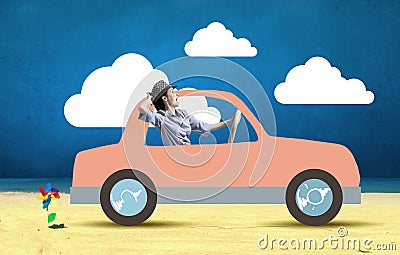 Woman in drawn car Stock Photo